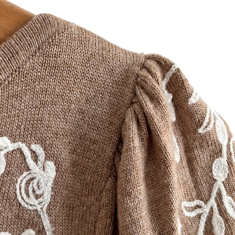 Rain + Rose Angora Blend Sweater Floral Embroidery Puff Shoulders Balloon Sleeve - Picture 6 of 14